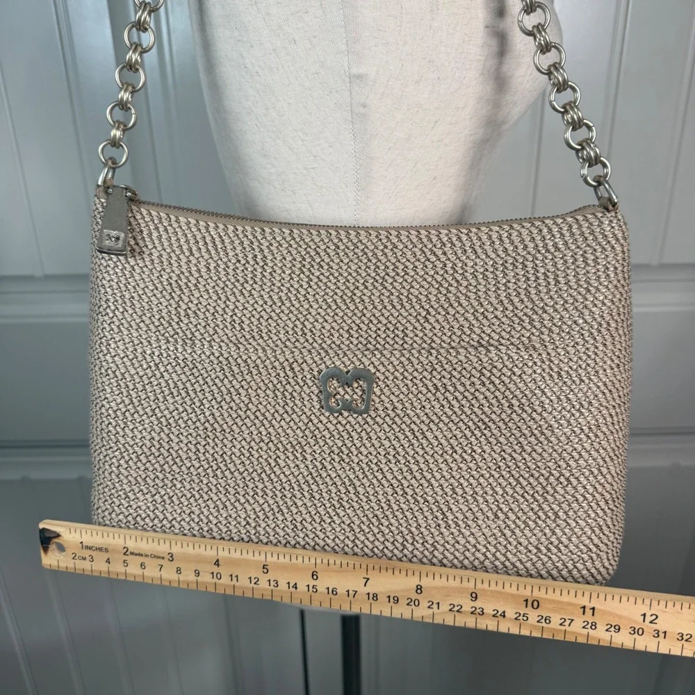 Eric Javits Powchky Shoulder Bag Womens Beige Woven Coastal Resort Chain Strap